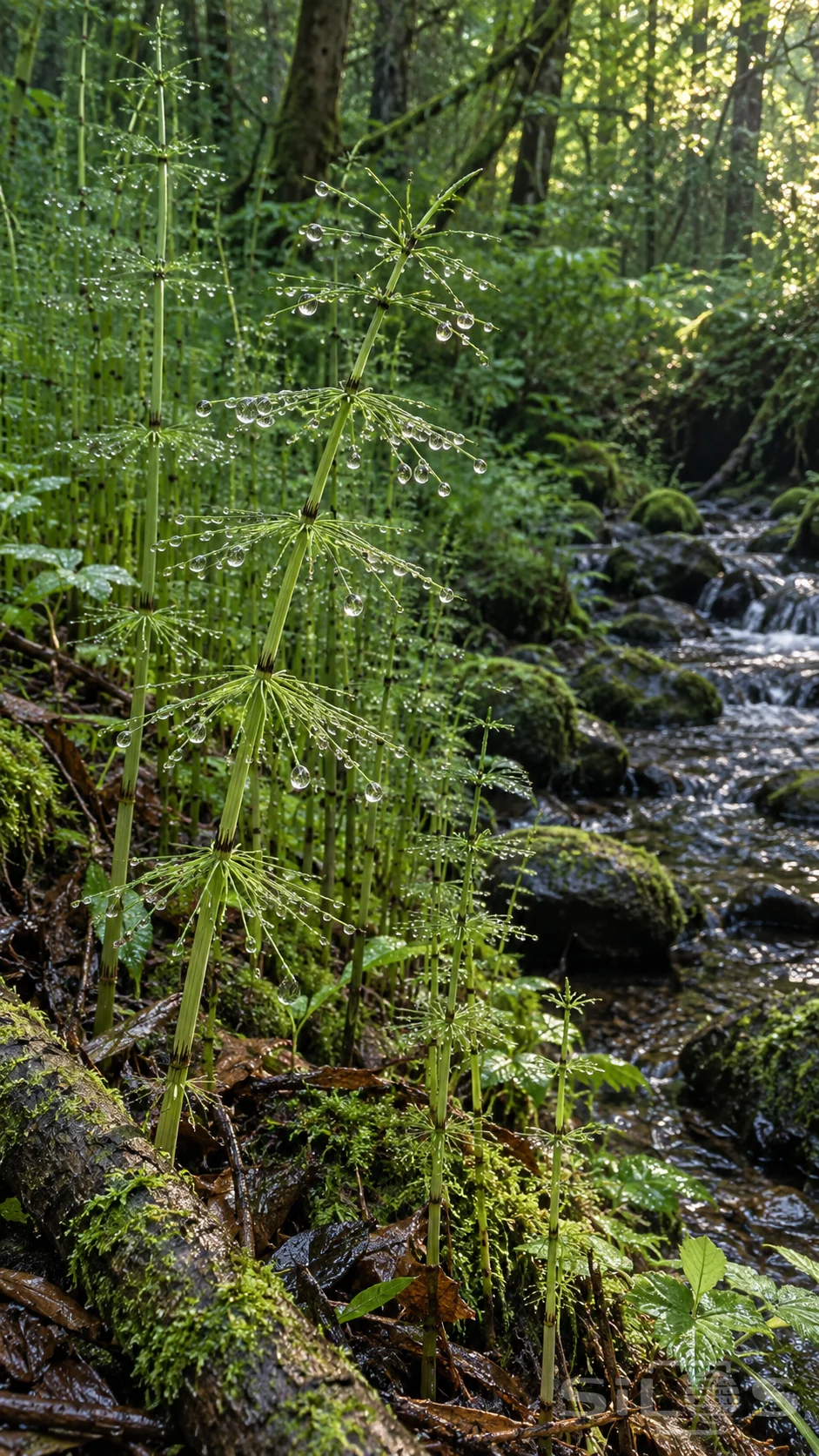 Clear horsetail droplets hang from fine branches beside a shaded stream and mossy woodland rocks.