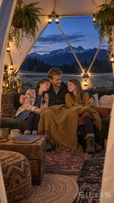 A father shares a warm glamping hug with two daughters on a sofa inside a lantern-lit geodesic tent with mountain peaks beyond.