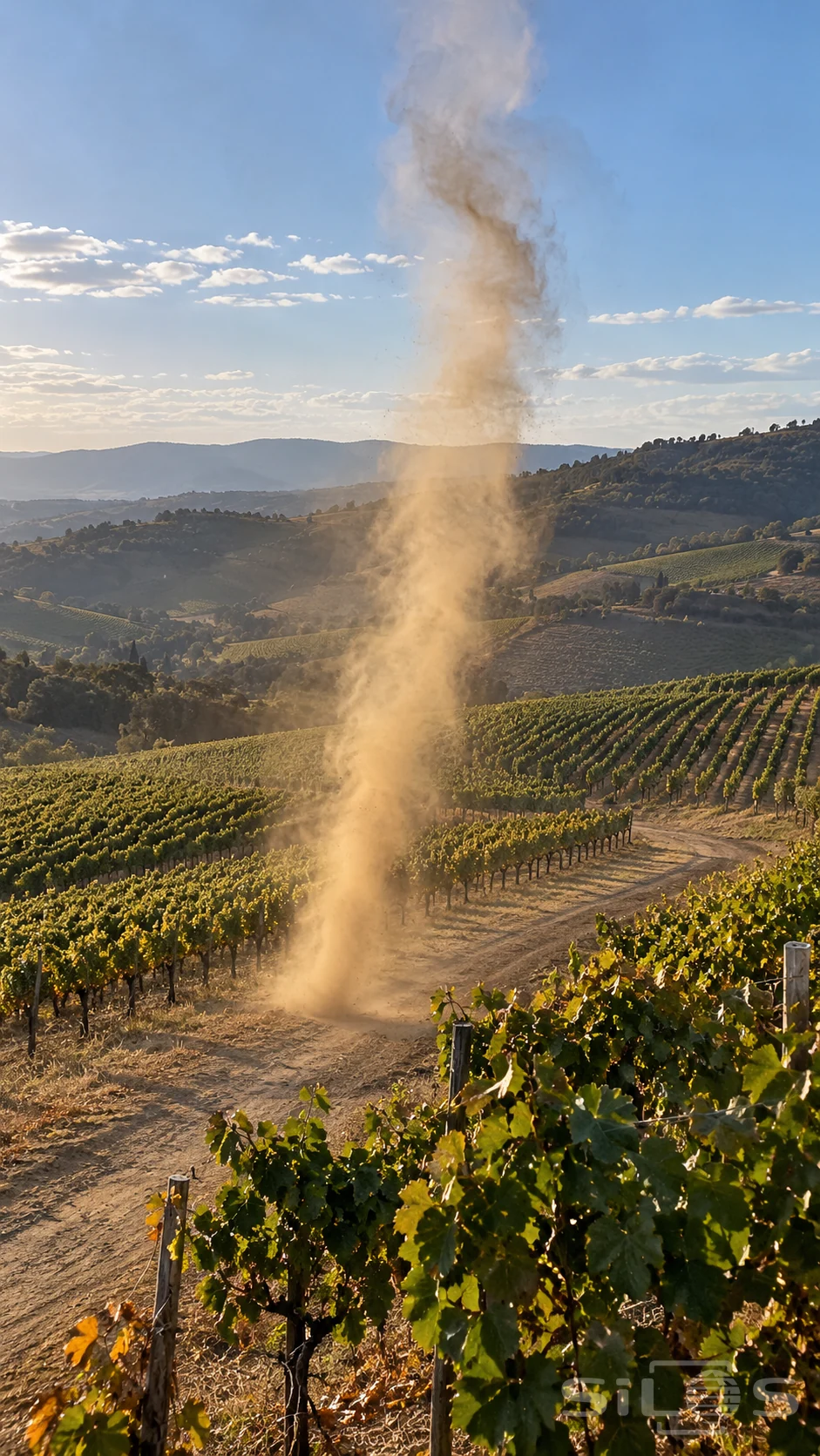 A golden dust devil rises from a dry vineyard track between green vine rows beneath a pale blue sky and layered hills.