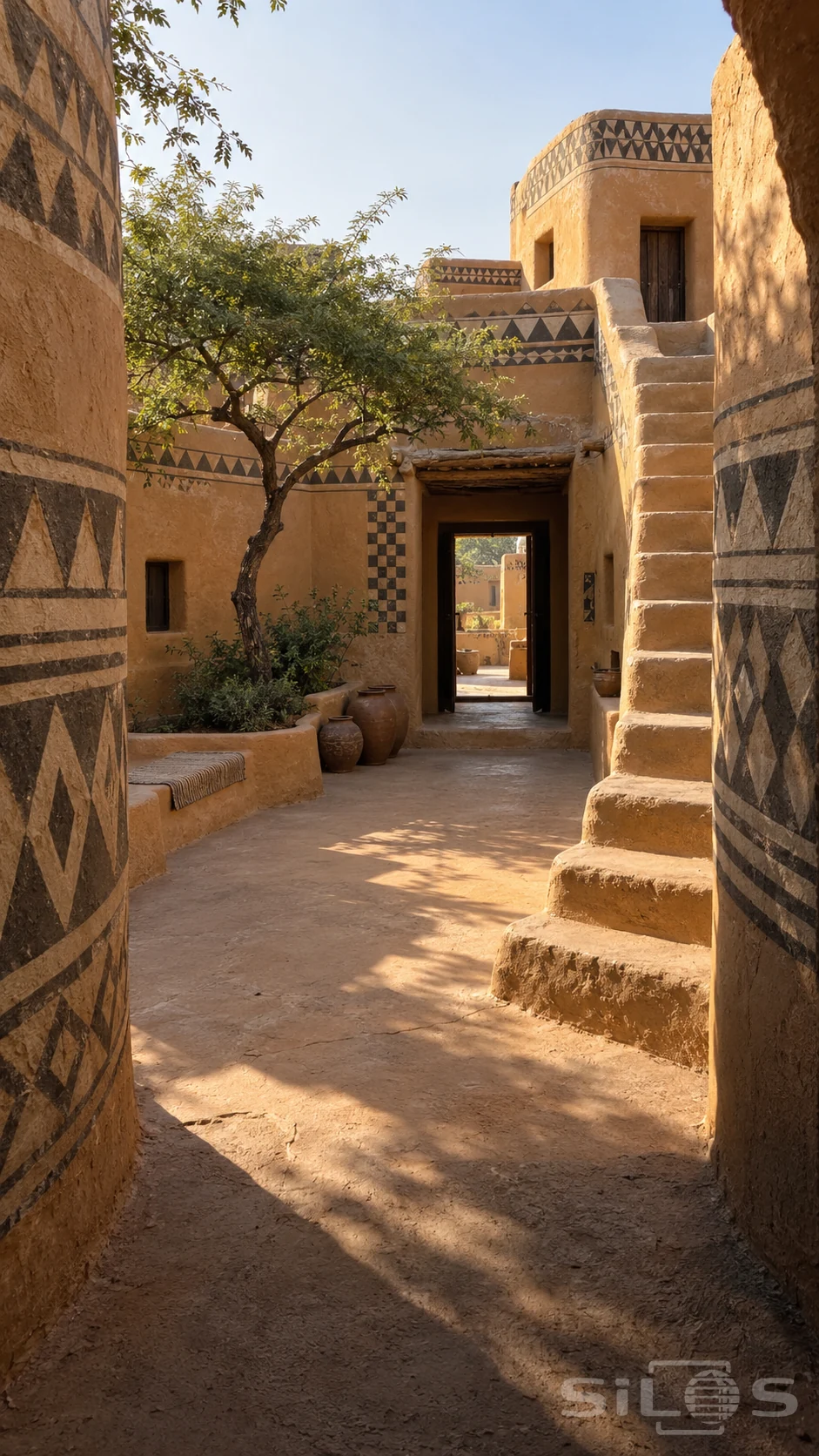 Charcoal geometric bands decorate rounded ochre courtyard walls beside earthen stairs, a small tree, clay jars and a shaded doorway.