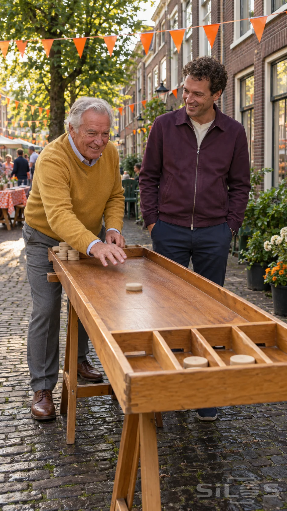 A father slides sjoelen discs along a wooden shuffleboard while his adult son smiles beneath orange bunting on a cobbled street.