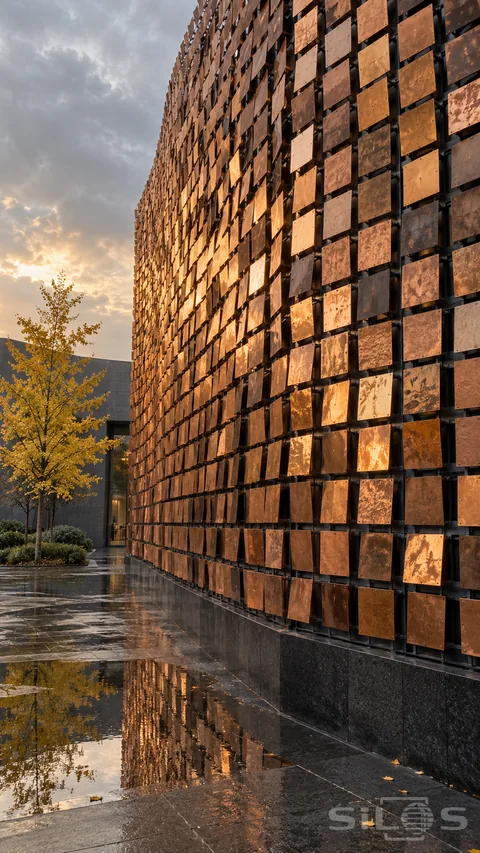 A copper facade of hinged tiles reflects warm light above a wet courtyard with an autumn tree and broad puddle.