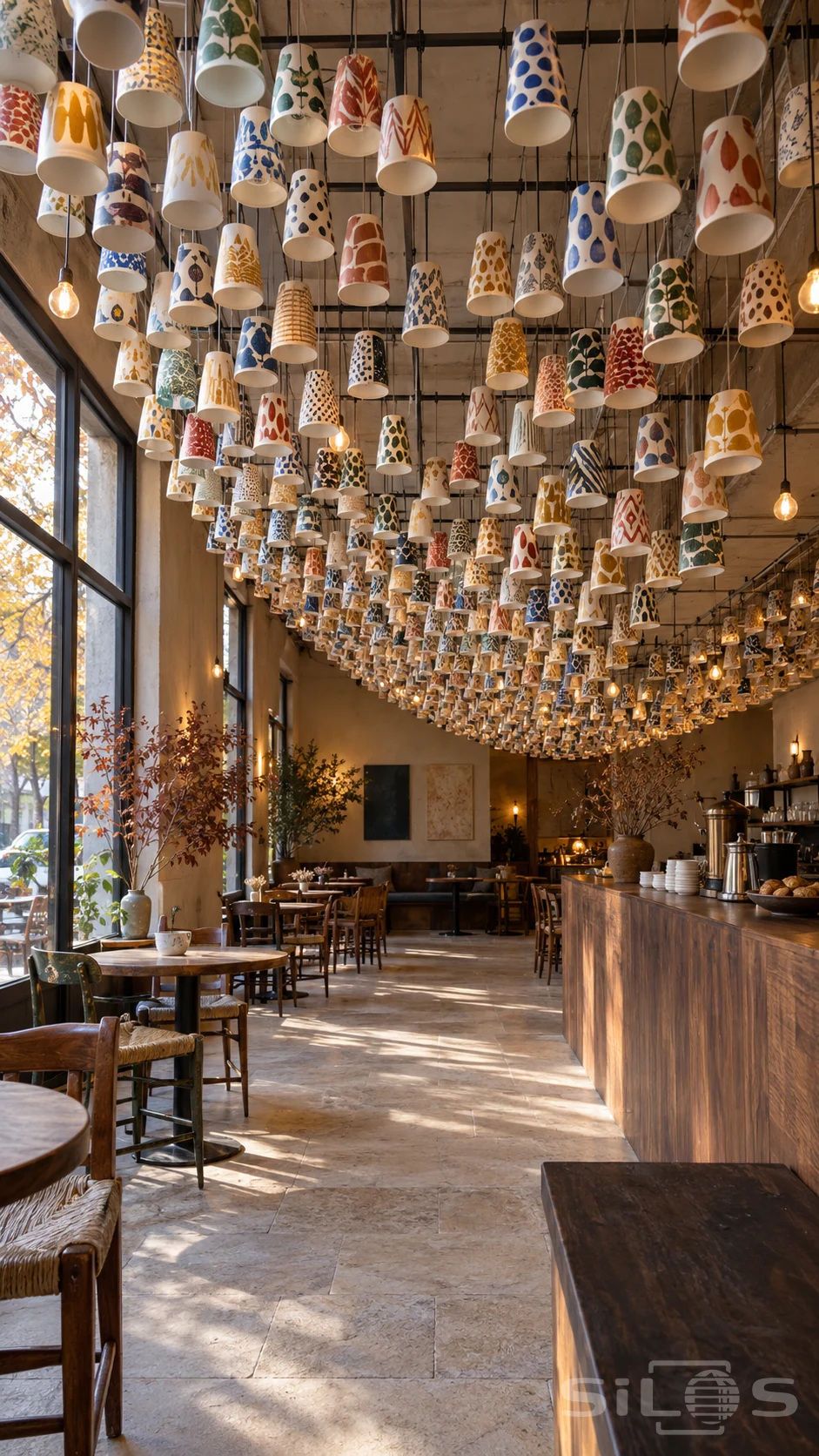 Painted cups with blue, green, red and ochre patterns hang above wooden tables and a walnut cafe counter.