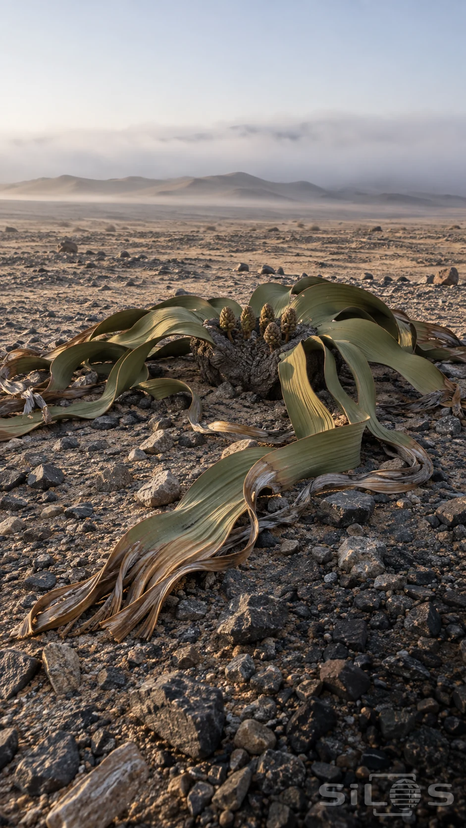 A welwitschia spreads broad olive-green ribbon leaves and dry brown tips across gravel, with pale desert dunes behind.