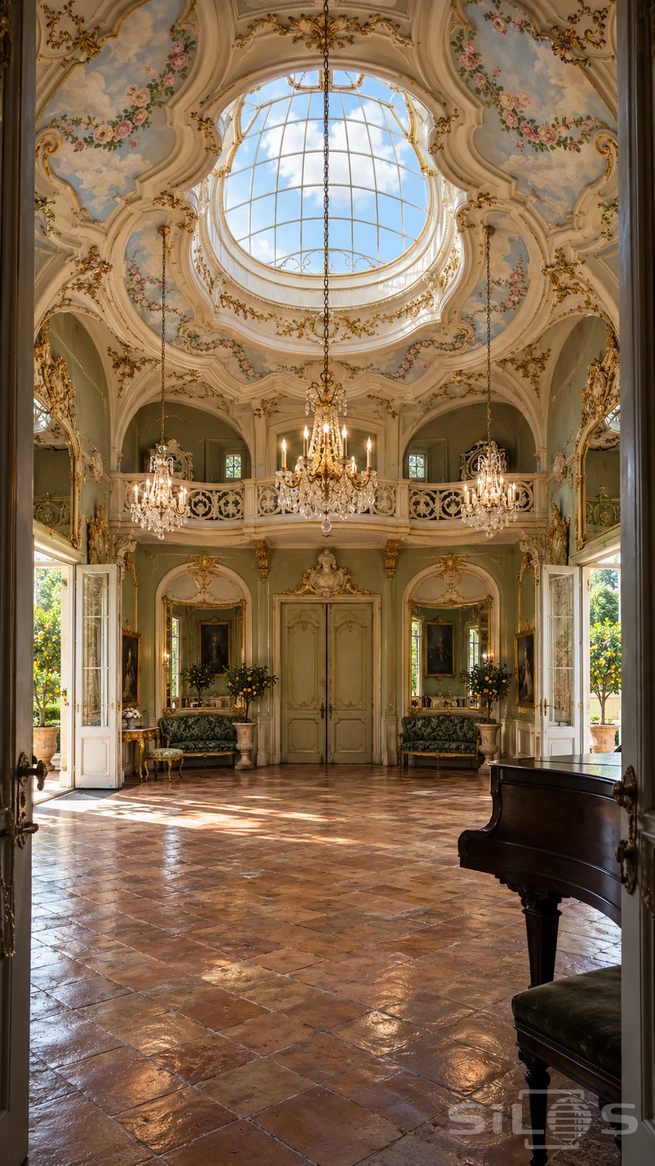 Cream and sage music hall with oval glass roof, painted cloud-and-rose ceiling, ornate gallery, crystal chandeliers and a dark piano.