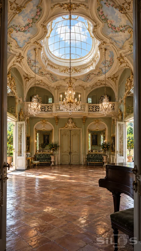 Cream and sage music hall with oval glass roof; painted cloud-and-rose ceiling; ornate gallery; crystal chandeliers and a dark piano.