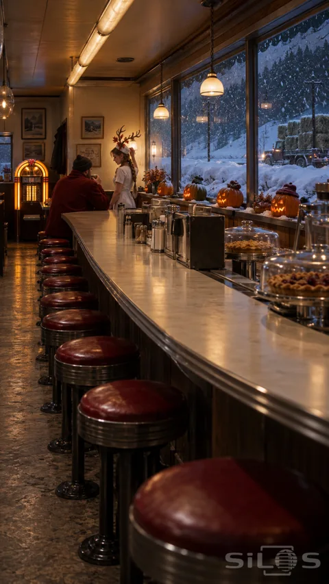 Long diner counter with red stools; pumpkin lanterns; pies and two distant figures beneath antlers; with heavy snow outside.