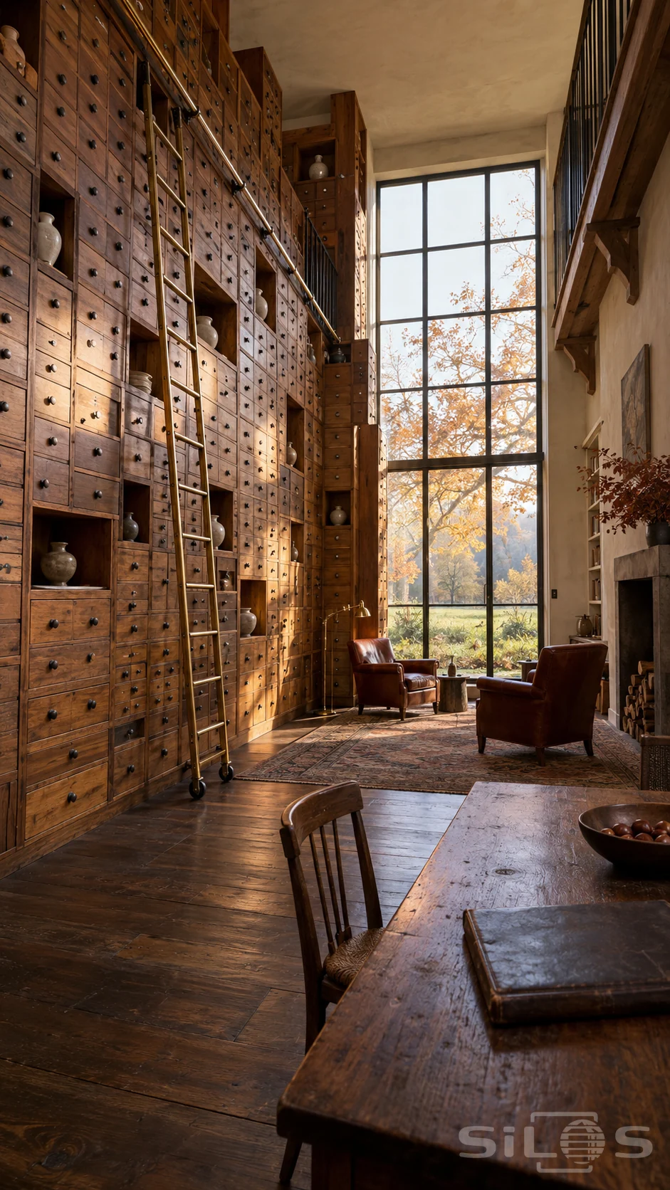 A double-height study with hundreds of small wooden drawers, a tall brass ladder, leather chairs and a window onto autumn trees.