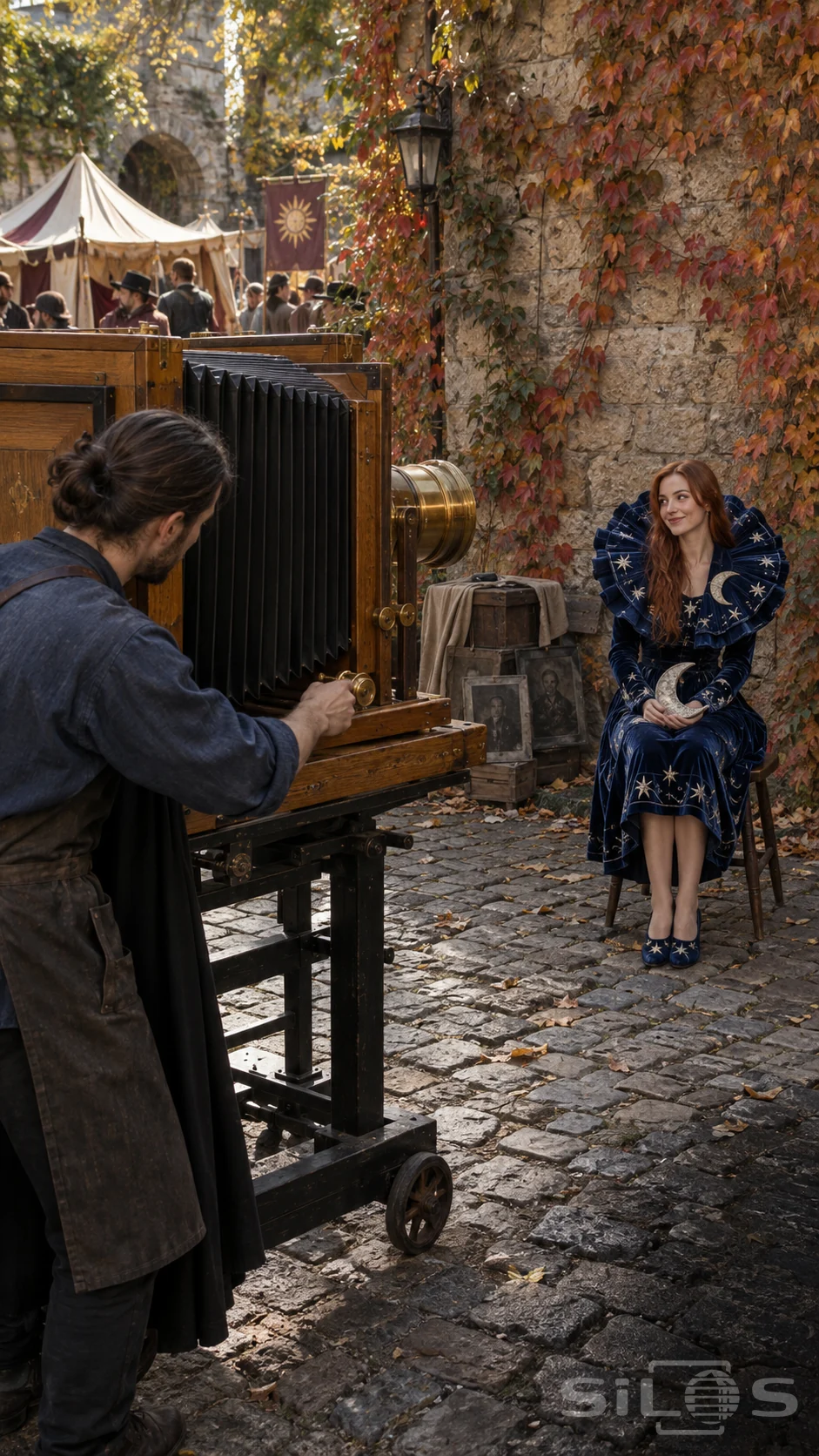 Giant bellows camera beside a photographer facing a seated woman in a celestial velvet dress in an ivy-covered courtyard.