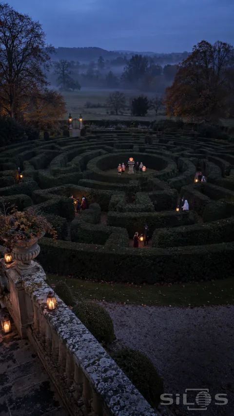 An elevated stone-terrace view shows costumed children carrying lanterns through a dark yew maze toward a pumpkin on a central pedestal.