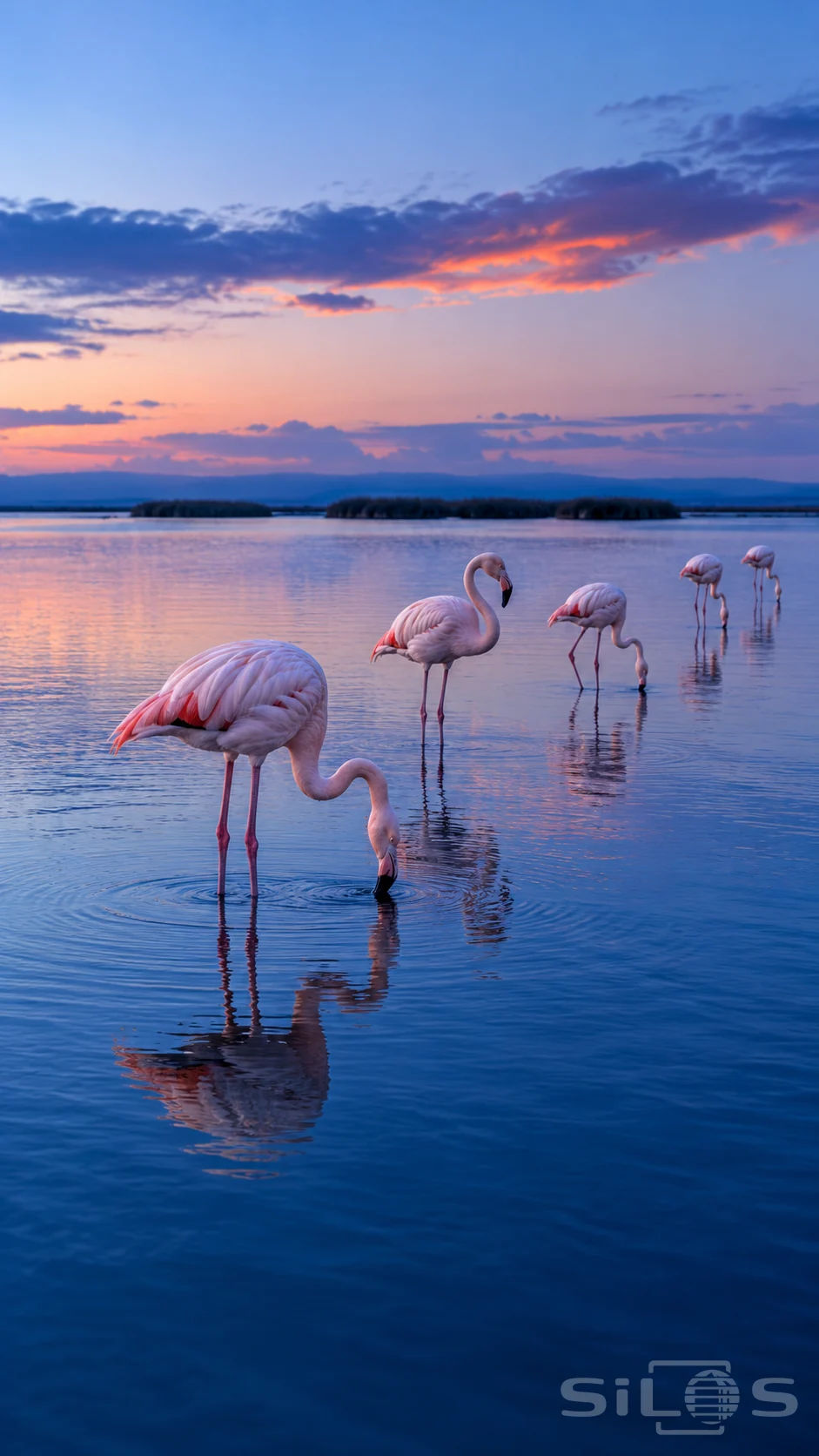 Five pink flamingos wade through a blue lagoon at dusk, with still water reflections beneath a coral sunset cloud.