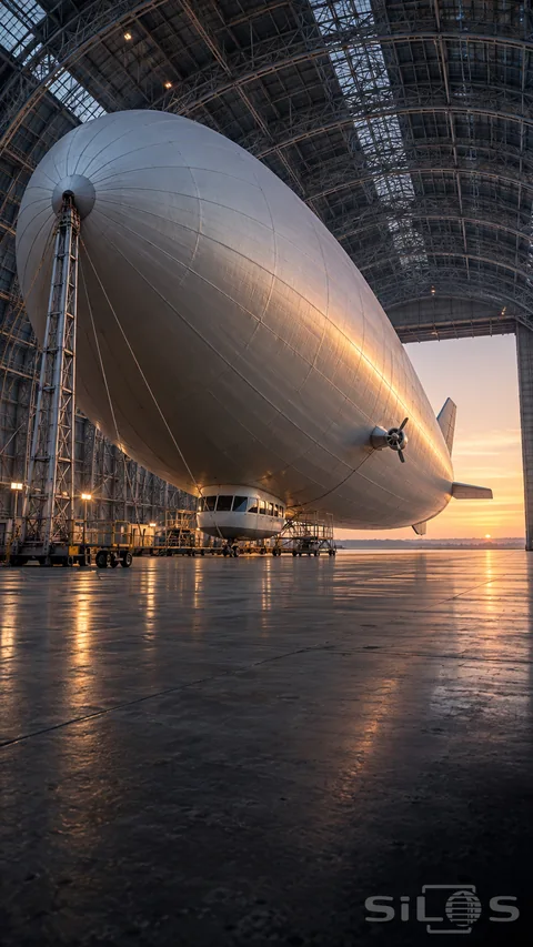 A large pale airship rests inside a steel-framed hangar with a small gondola beneath it and dawn light at the open door.