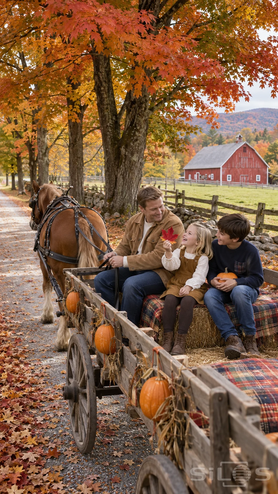 Autumn hayride carries a father and two children past a red barn as the girl holds up a red maple leaf.