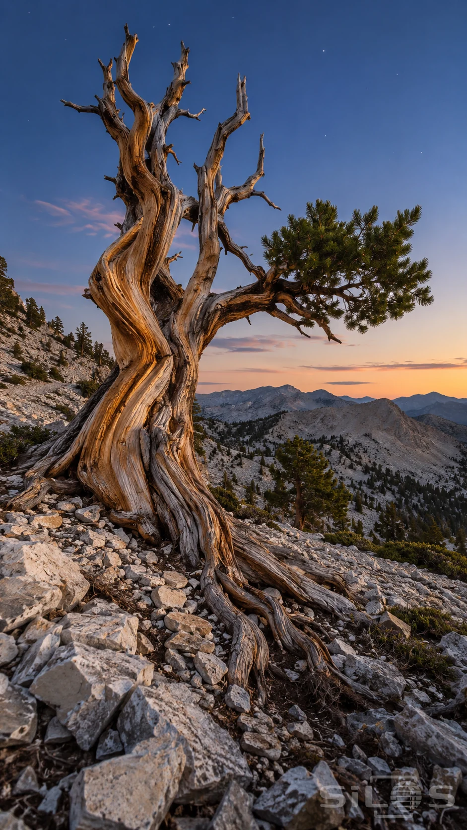 A bristlecone pine with twisted amber and silver wood rises from a rocky mountain slope beneath a blue evening sky.