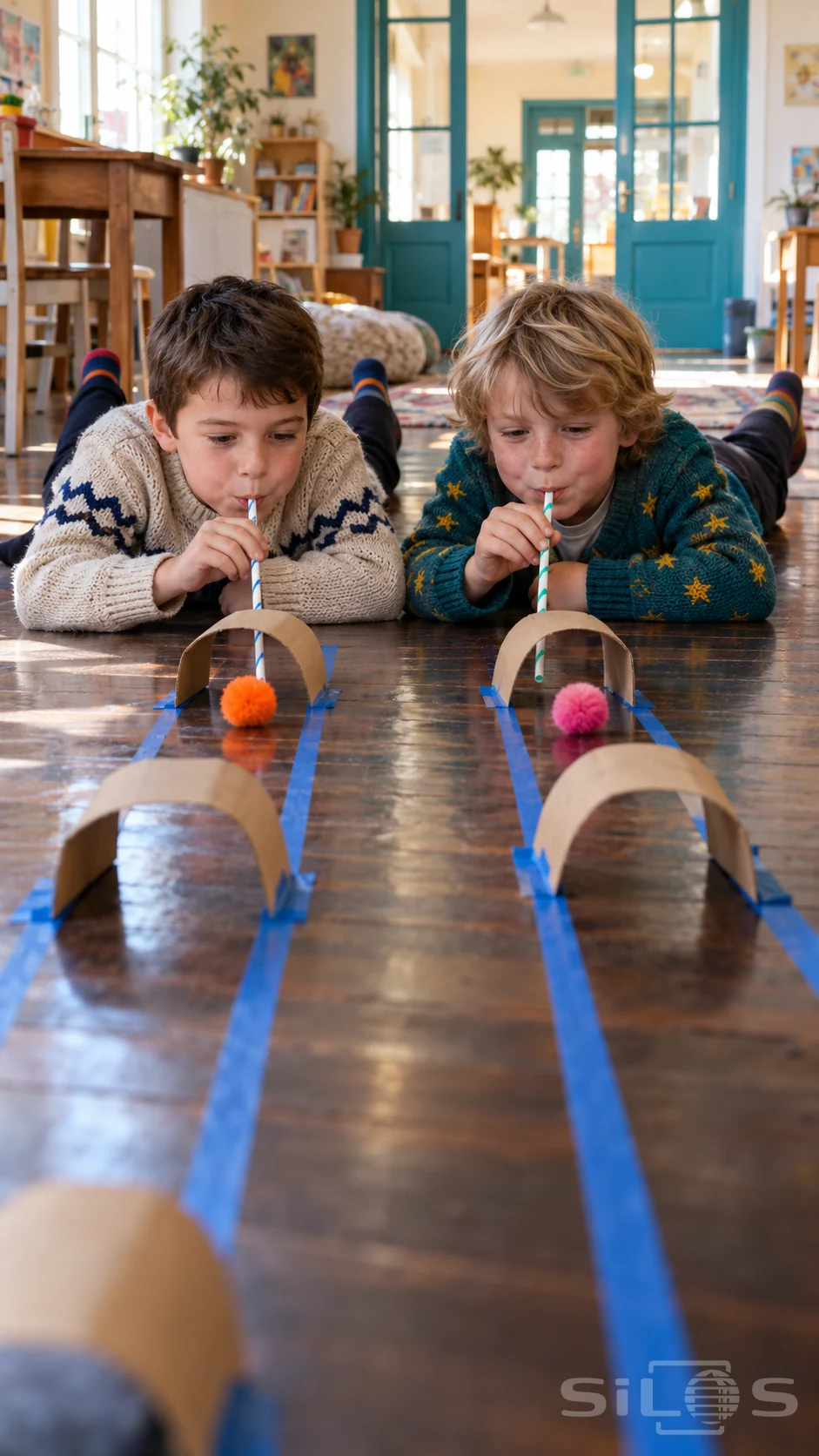 Two boys try pom pom racing with paper straws, cardboard tunnels and blue tape lanes on a wooden floor.