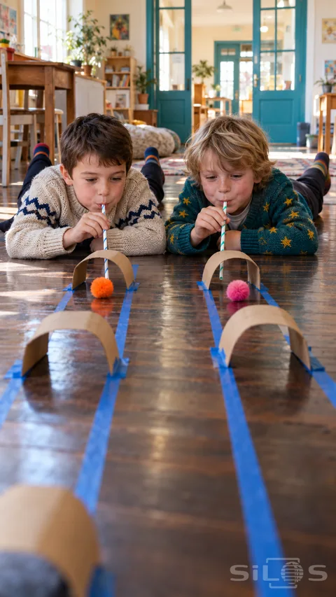Two boys try pom pom racing with paper straws; cardboard tunnels and blue tape lanes on a wooden floor.