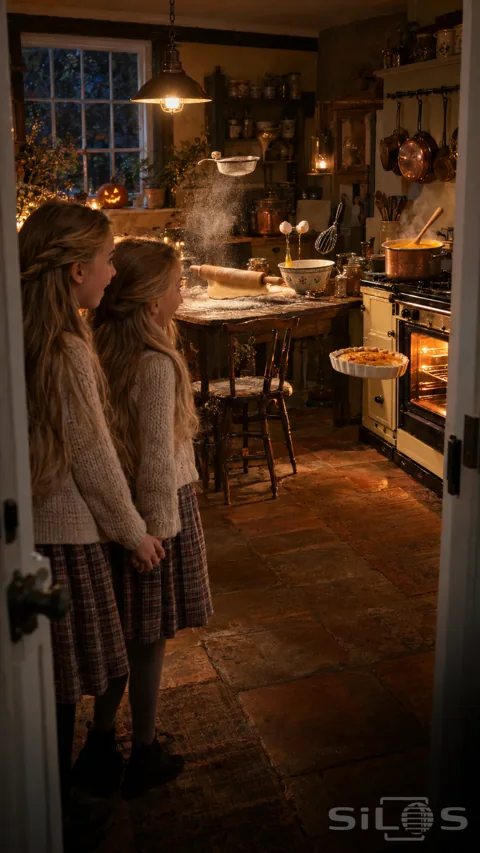 Two fair-haired sisters hold hands in a cottage doorway while a sieve; whisk; eggs and pie dish float around the kitchen.
