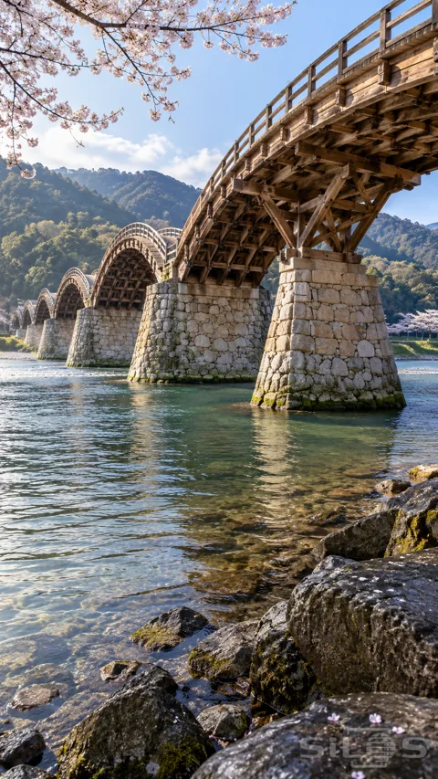 Arched timber footbridge with exposed wooden braces and tapered stone piers above clear water; framed by pale blossoms.