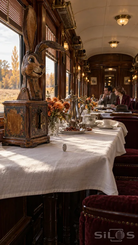 Weathered wooden hare machine and an upright coin on a linen table inside an autumn railway dining car.
