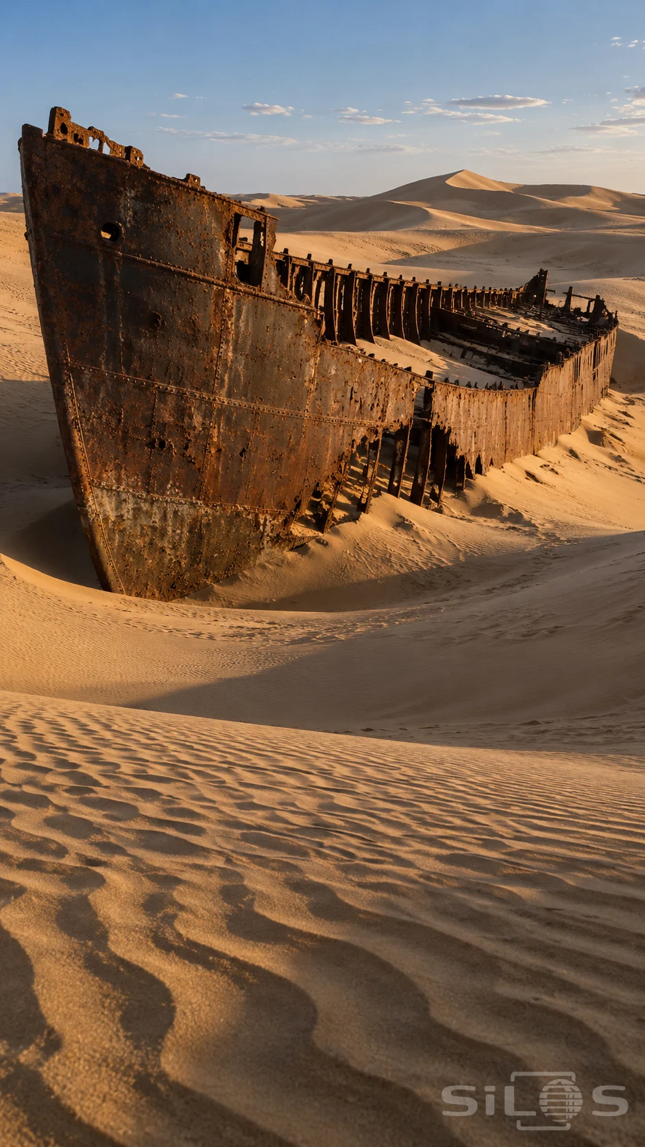A large corroded iron ship stands half buried in golden dunes, with exposed ribs and wind-rippled sand beneath a pale blue sky.