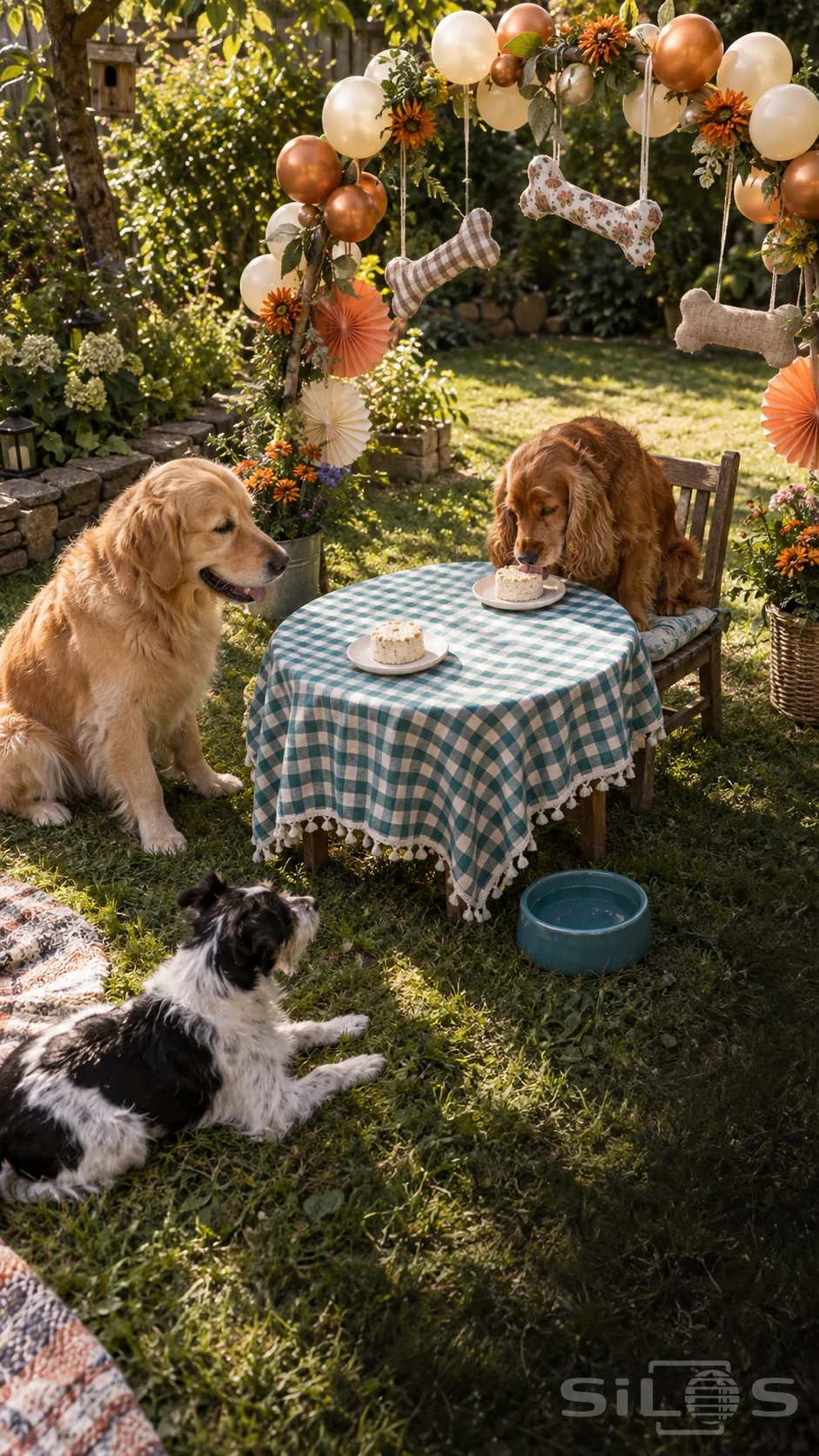 Dog birthday picnic with a spaniel at a gingham table, a seated retriever and a terrier on the grass beneath balloons and fabric bone decorations.