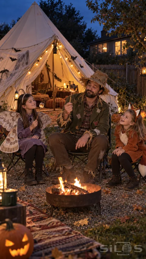 Halloween glamping with a father in a scarecrow costume and daughters dressed as a moth and fox comparing marshmallows beside their tent.