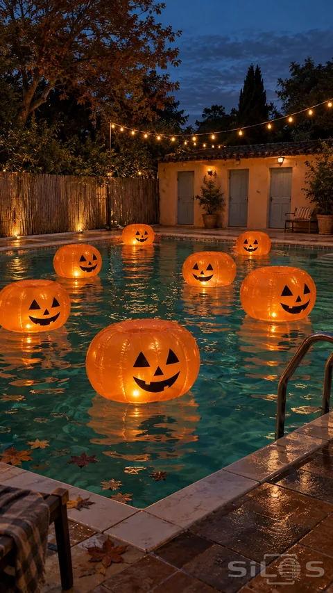 Orange pumpkin floats glow in the dark water of a hidden lido beneath string lights; with a pool ladder and wet tiles nearby.