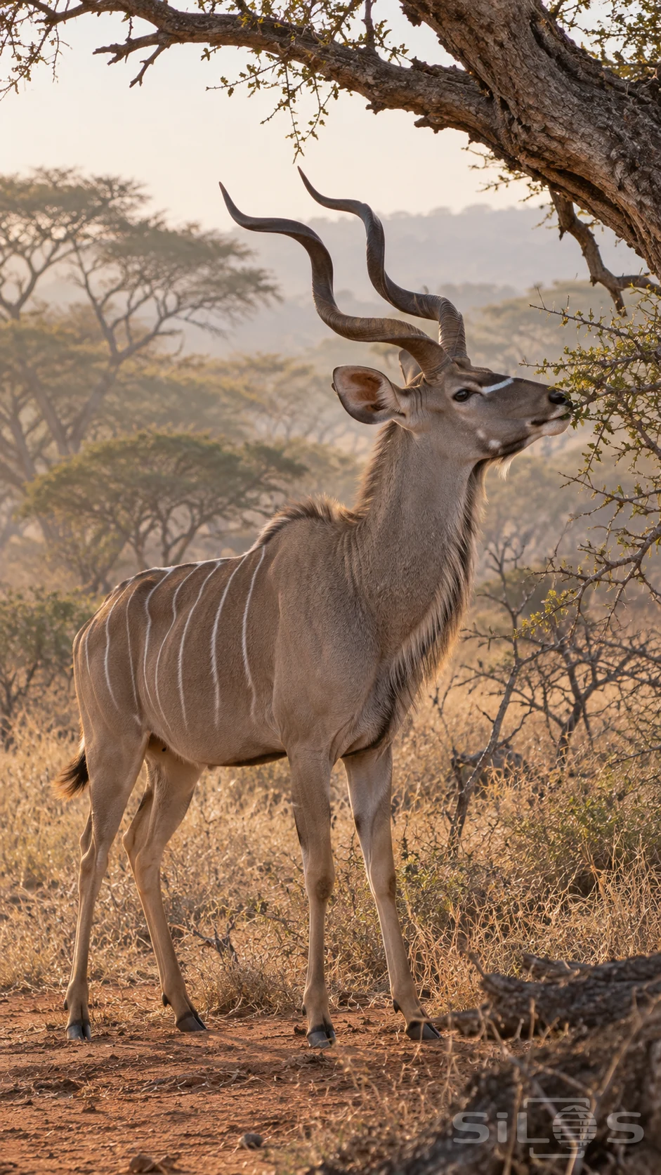 A greater kudu browses a thorn branch with its whole striped body and four grounded legs visible beneath long spiral horns.