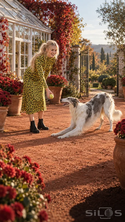 A woman in a yellow-green leopard print dress offers a ball to a bowing borzoi beside a greenhouse and flowerpots.