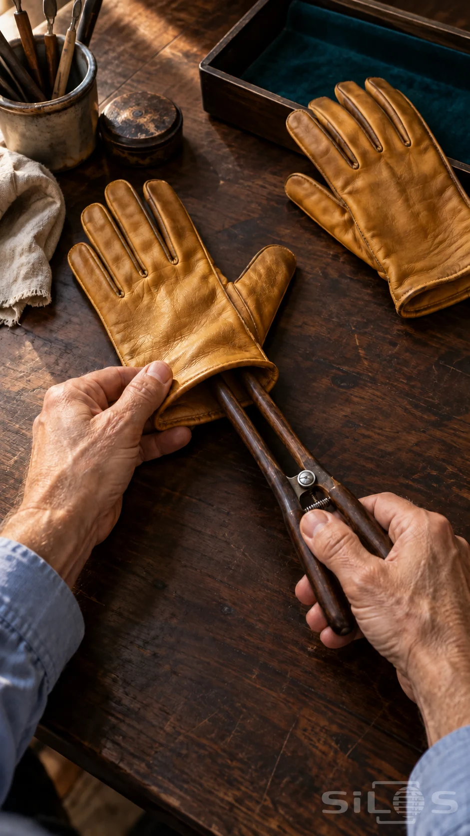 Two adult hands use a glove stretcher to shape an ochre leather glove on a dark walnut surface.