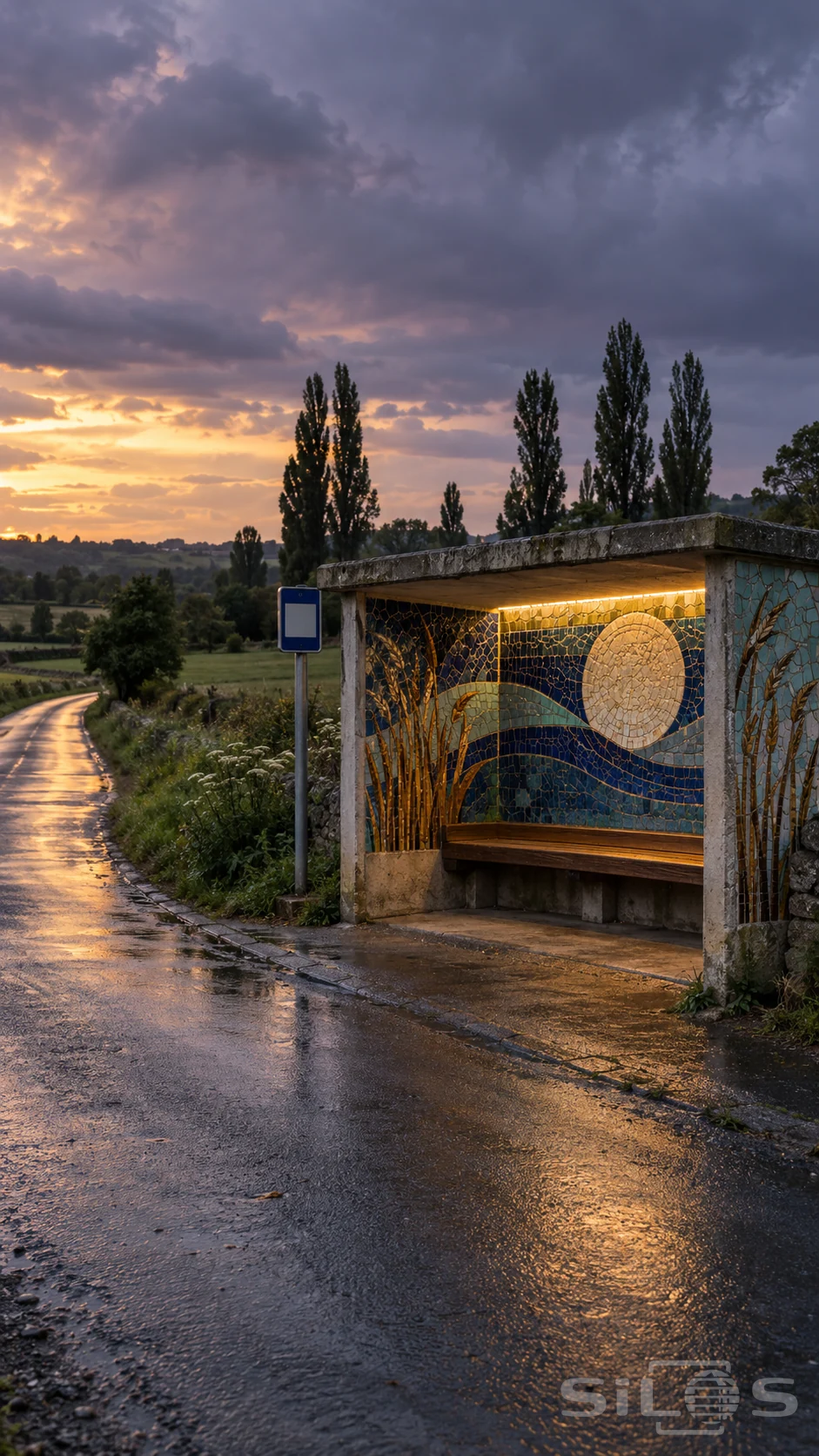 Mosaic bus shelter with a tiled moon, reed shapes and a wooden bench beside a wet country lane at dusk.