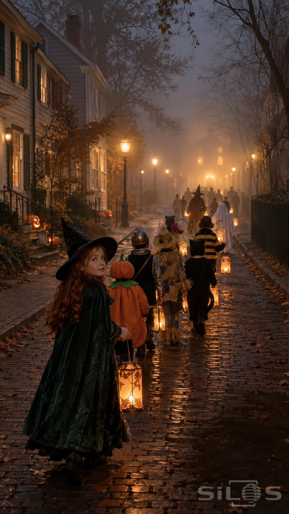 A red-haired girl in a green witch cape looks back as costumed children carry glowing paper lanterns down a foggy brick street.