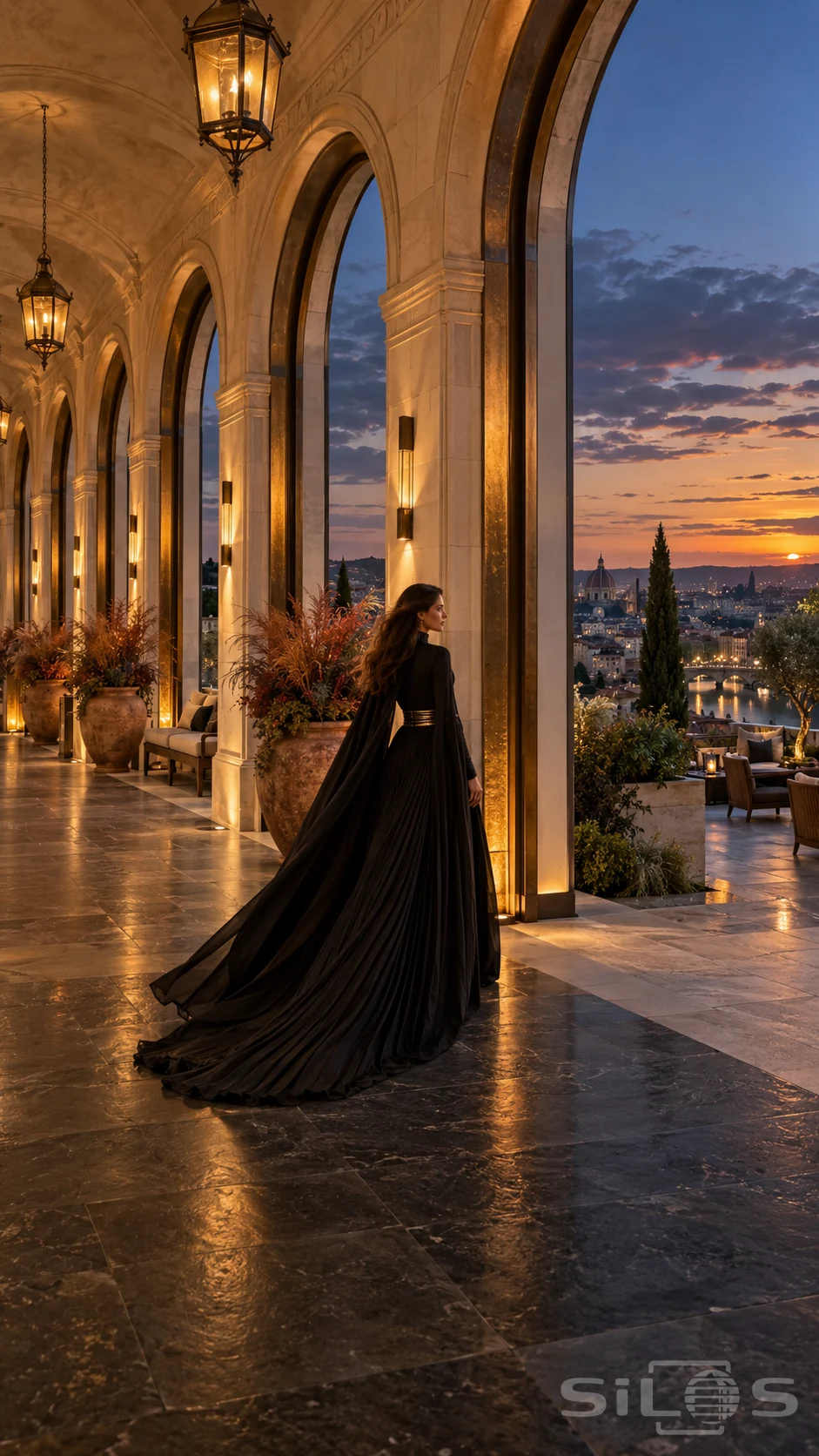 A woman in a black pleated cape-gown stands in a lamplit stone loggia overlooking a city at sunset.