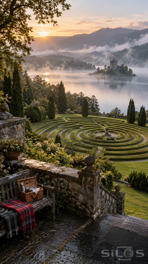 A misty turf labyrinth curves across a lakeside garden below an elevated stone terrace.