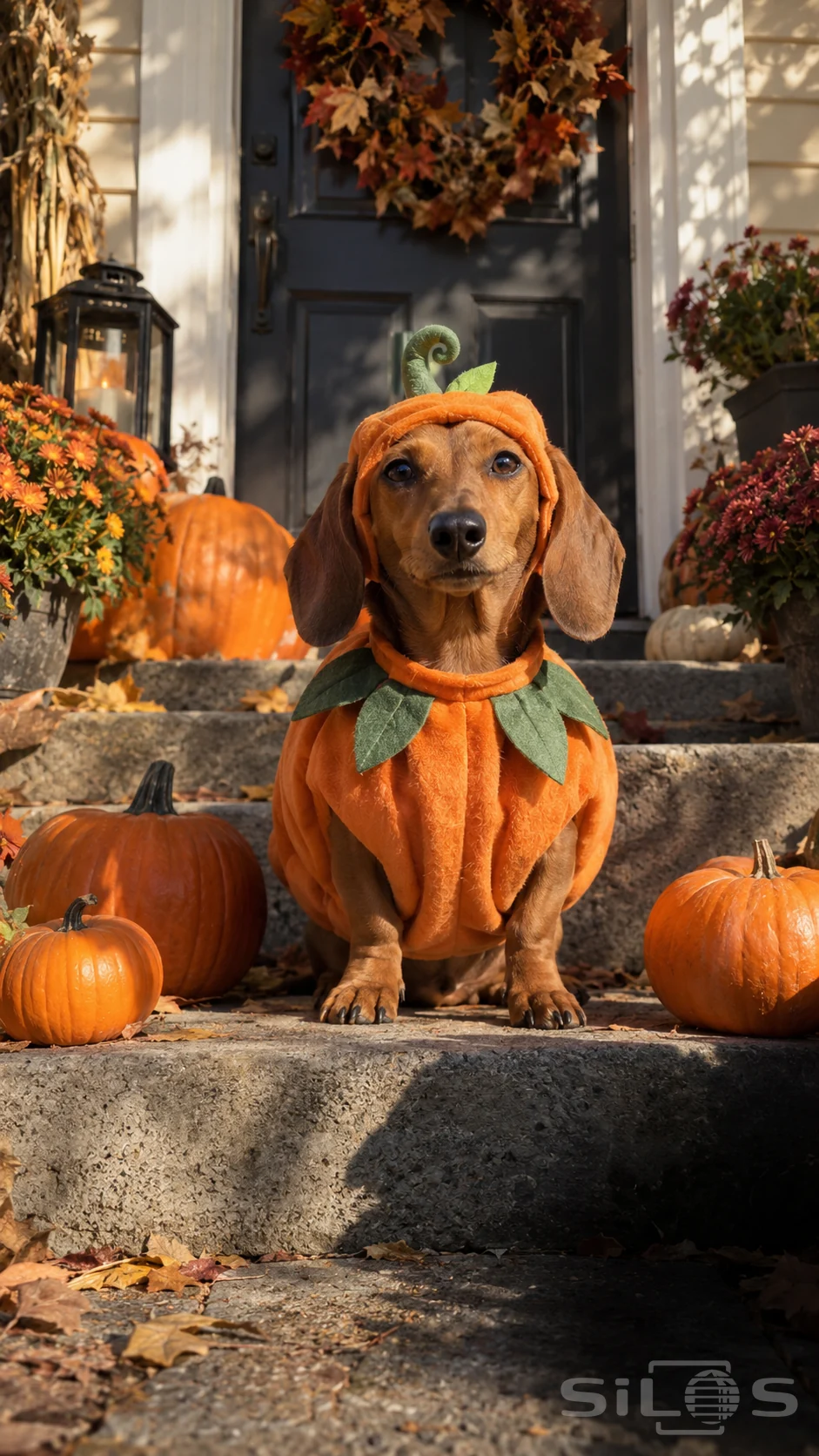 A red dachshund wears an orange pumpkin costume with green felt leaves while sitting among pumpkins on sunny porch steps.