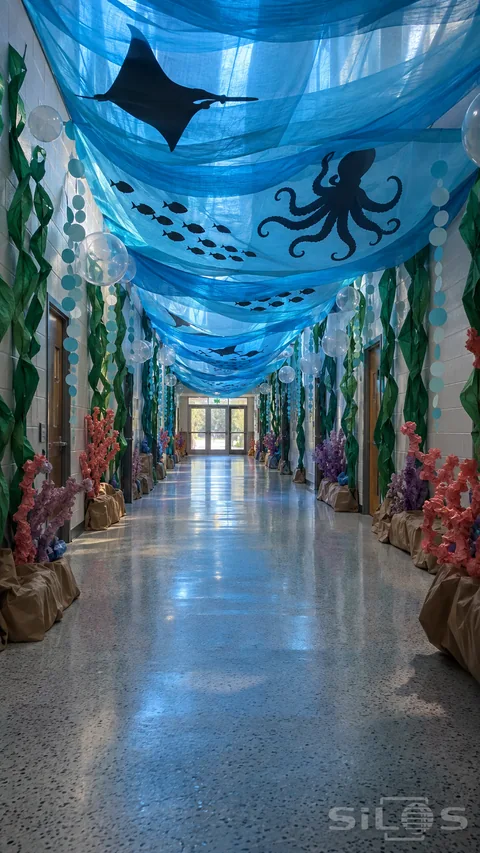 Underwater hallway decor with blue ceiling fabric; suspended sea creatures; paper kelp; bubbles and coral along a school corridor.
