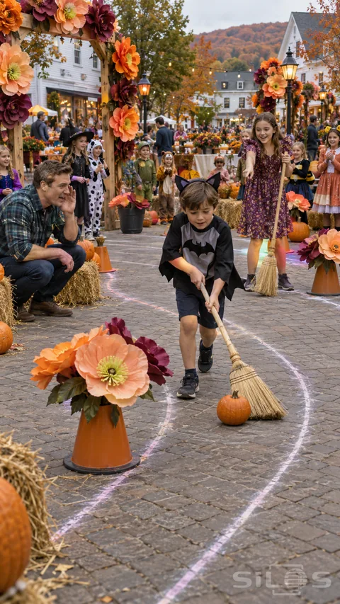 A boy guides a pumpkin sweep with a straw broom while his sister points toward the route beneath giant paper poppies.