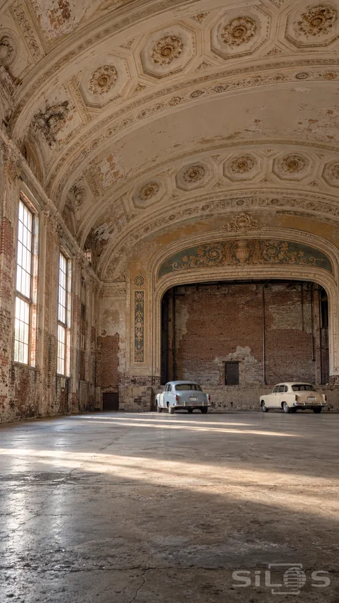 Two pale parked cars sit beneath an ornate plaster vault in an old theater with tall windows and a worn concrete floor.