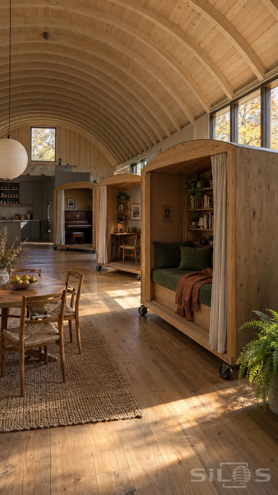 Three arched timber cabins on caster wheels hold a reading seat, desk and piano beneath the curved roof of a bright home.