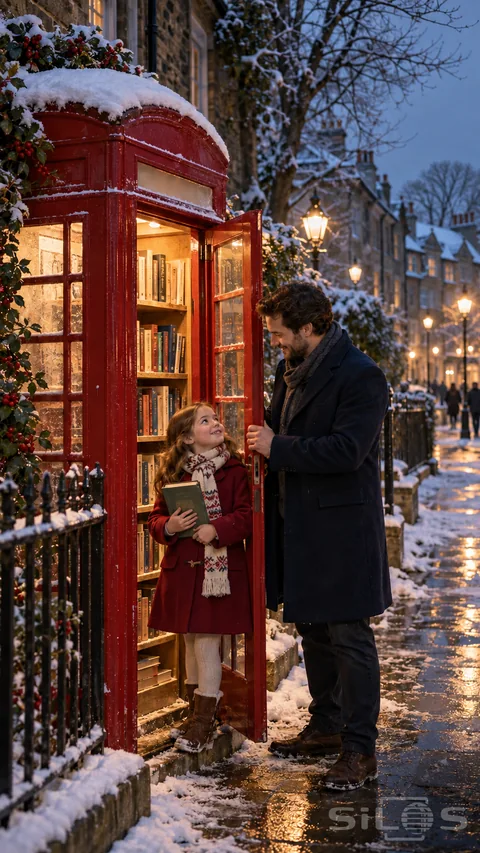 A snowy book exchange in a red telephone booth; with a girl in a red coat looking up at her father beside illuminated bookshelves.