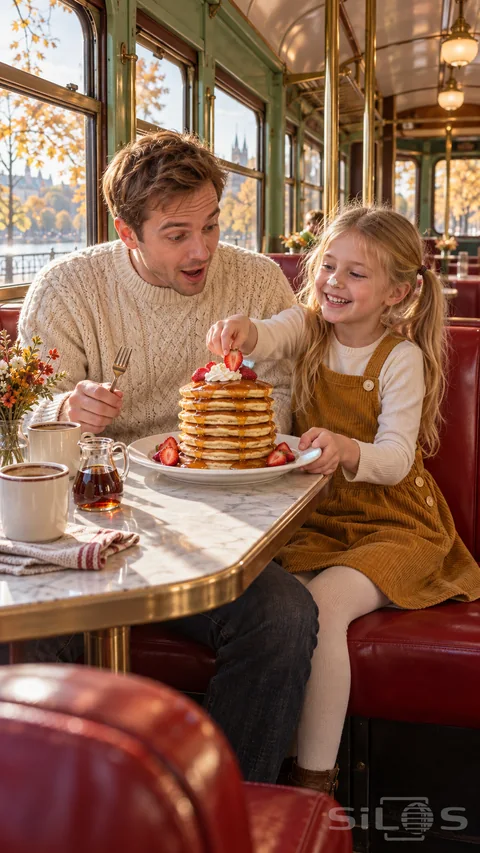 A father and daughter laugh beside a strawberry pancake tower at a table inside a red-and-mint tram diner.