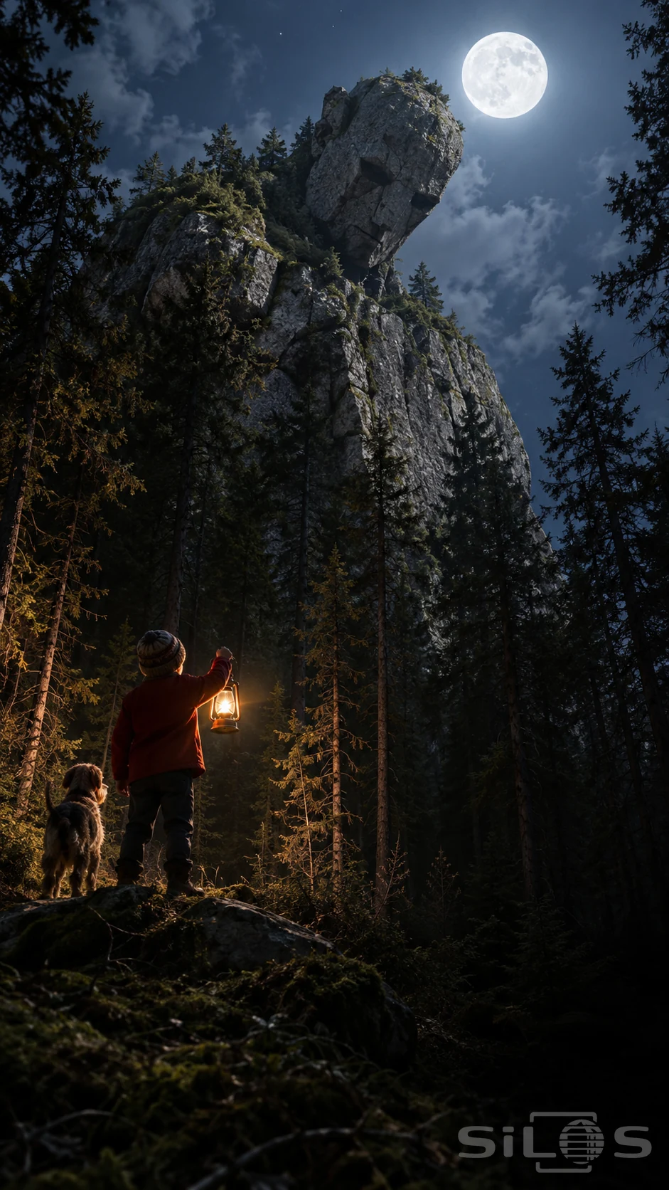 A boy in a red jacket raises a lantern beside his dog as a colossal moss-covered stone figure towers above moonlit pine trees.