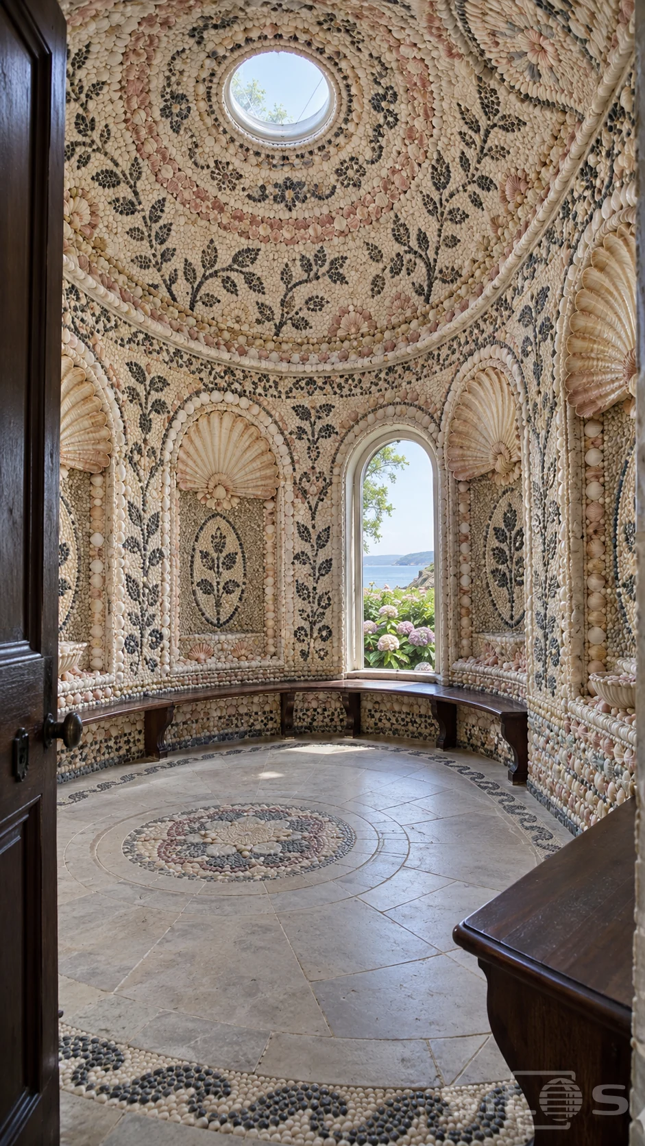 Round chamber covered in pale shell and dark pebble mosaics, with fan-shaped niches, a domed skylight, wooden benches and a sea-facing window.