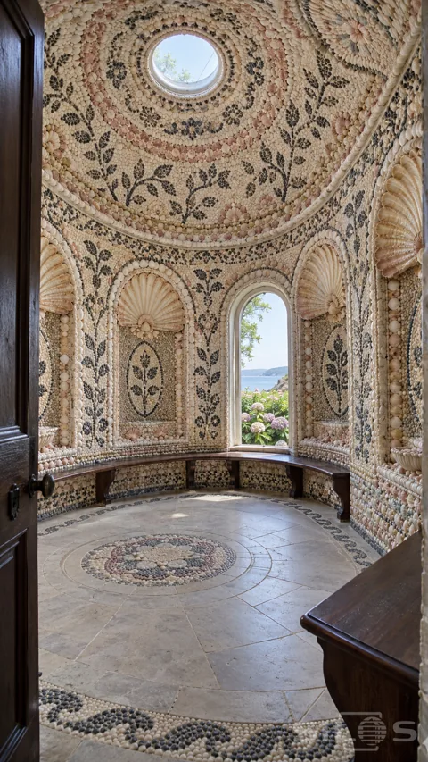 Round chamber covered in pale shell and dark pebble mosaics; with fan-shaped niches; a domed skylight; wooden benches and a sea-facing window.