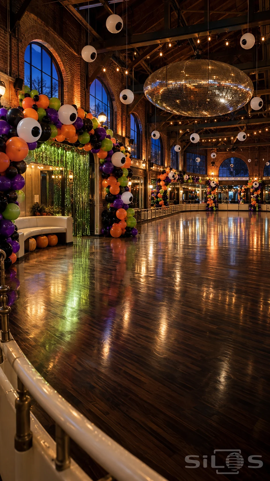Halloween balloons with giant white eyes form colorful arches around an empty roller rink with green fringe and a mirrored light.