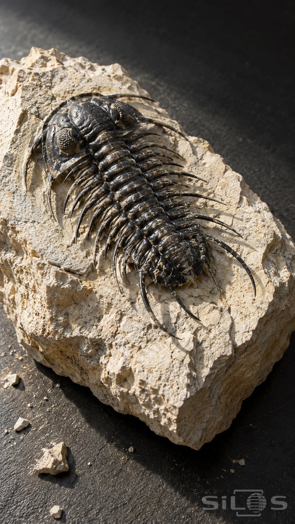 Black trilobite spines and a segmented fossil body rise from pale limestone on a dark charcoal surface.