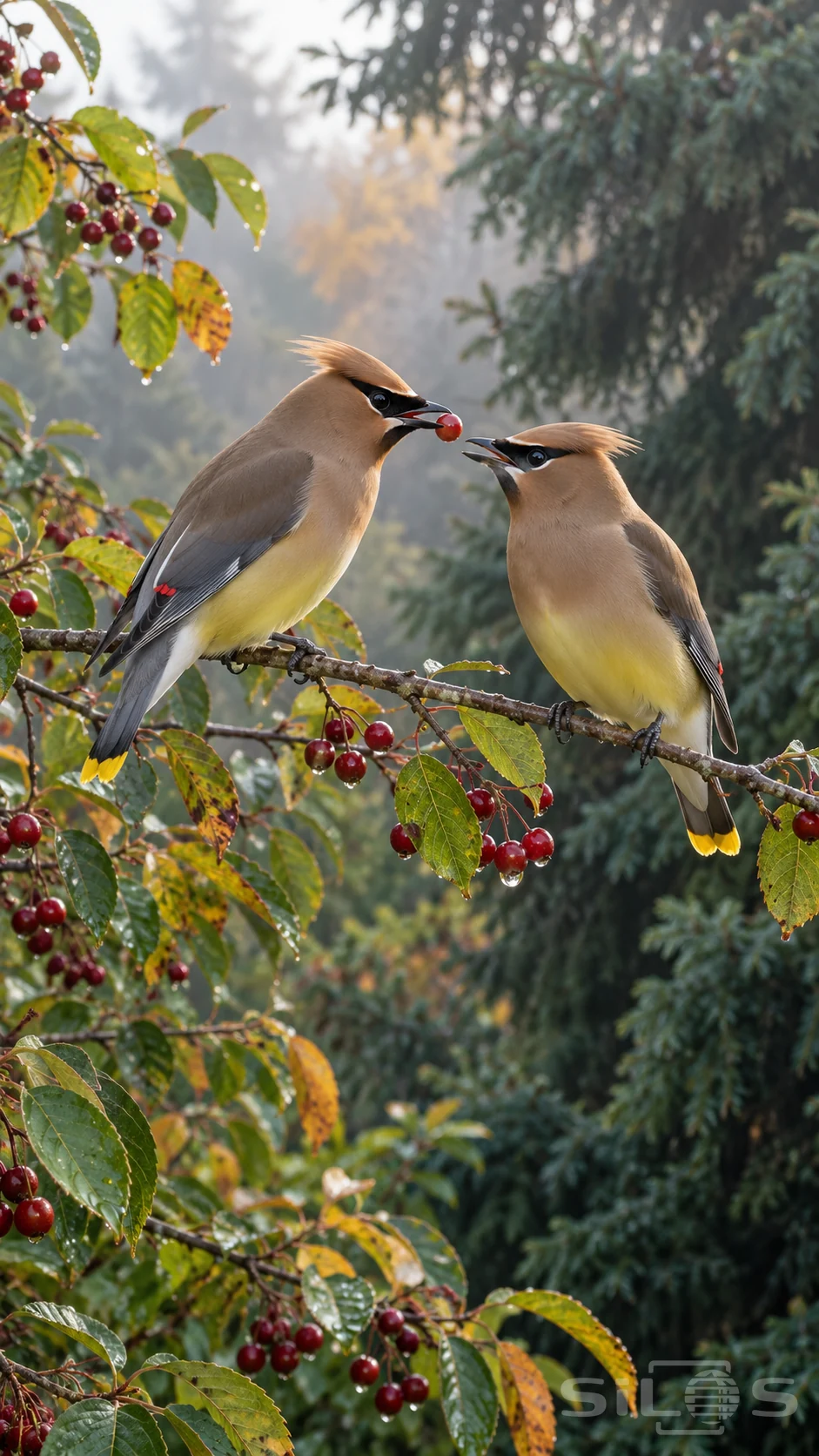 A waxwing pair touches bills around one red berry while perched close together on a shared branch.