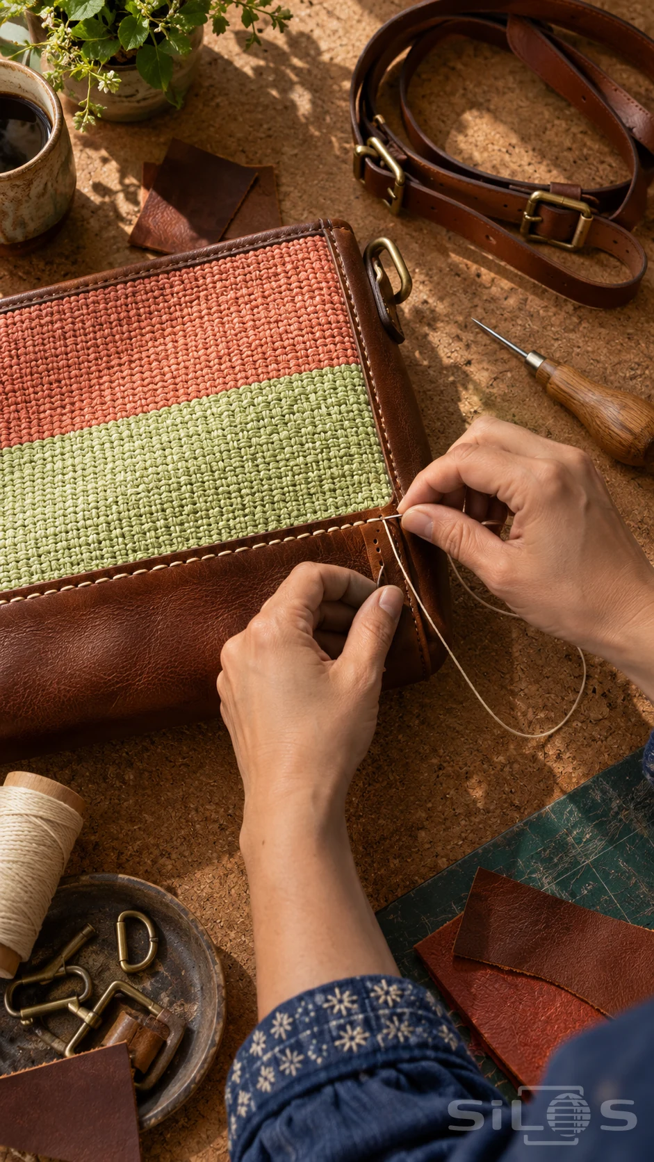 Adult hands stitch a woven leather bag with coral and pale lime panels, chestnut leather edging and cream thread on cork.