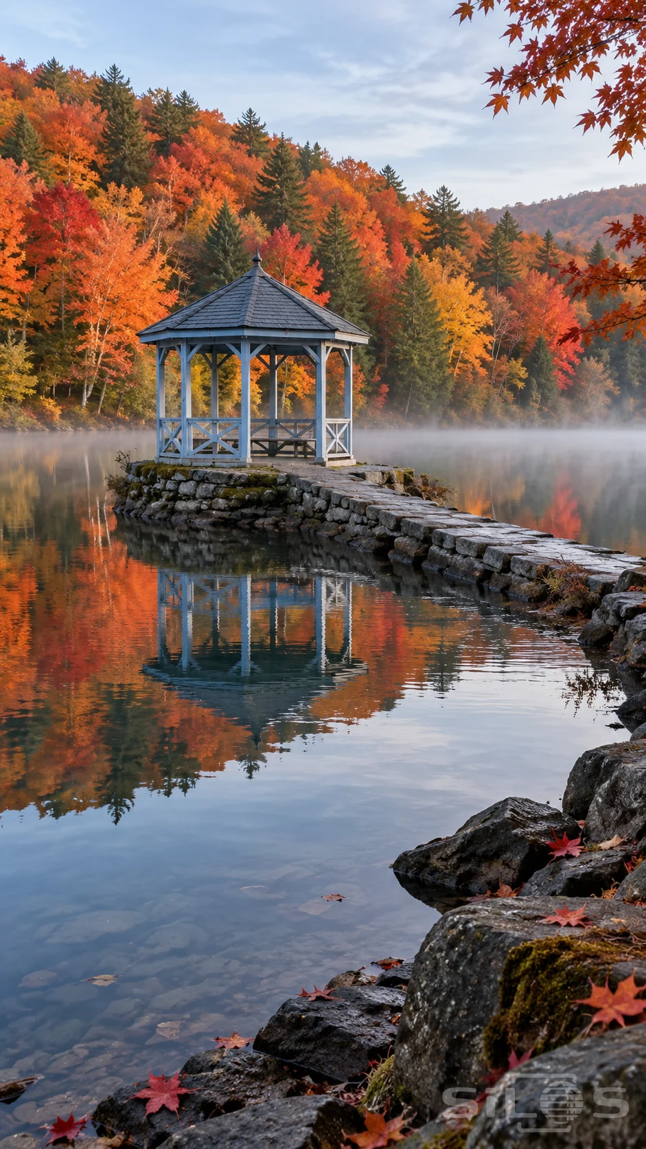 An empty blue gazebo stands on a stone island linked by a causeway above a pond reflecting orange woodland and morning mist.