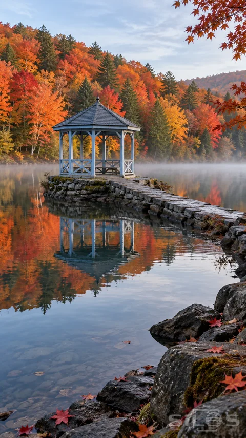 An empty blue gazebo stands on a stone island linked by a causeway above a pond reflecting orange woodland and morning mist.